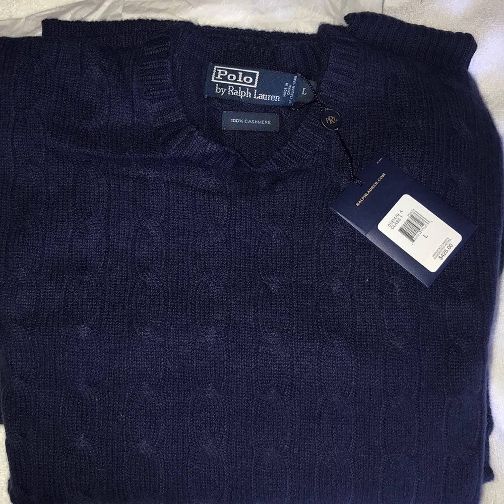 Men’s polo 100% cashmere sweater navy size large L